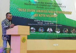 Ketua Umum MW KAHMI Jaya, Mohamad Taufik, memberikan sambutan dalam acara pelantikan dan seminar nasional MR KAHMI UNJ di Jakarta, Sabtu (15/1/2022). Dokumentasi MR KAHMI UNJ