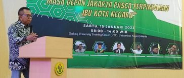 Ketua Umum MW KAHMI Jaya, Mohamad Taufik, memberikan sambutan dalam acara pelantikan dan seminar nasional MR KAHMI UNJ di Jakarta, Sabtu (15/1/2022). Dokumentasi MR KAHMI UNJ