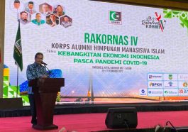 Menteri ATR/Kepala BNP, Sofyan Djalil, memberikan pidato utama dalam pembukaan Rakornas IV KAHMI di Kota Batam, Kepri, pada Jumat (25/2/2022). LMD MN KAHMI/Fatah Sidik