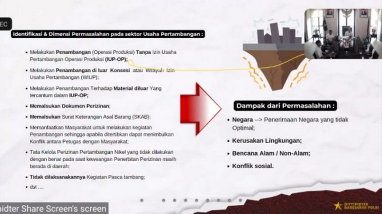 Dirtipidter Bareskrim Polri, Brigjen Pipit Rismanto, memberikan paparan dalam webinar "Legalitas dan Transparansi Pencabutan IUP Operasi Produksi dan Percepatan RKAB 2022 untuk PEN Sektor Minerba Pascapandemi Covid-19" yang digelar Lembaga Kajian Strategis MN KAHMI, Rabu (16/3/2022). Foto LMD MN KAHMI/Fatah Sidik