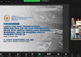 Wakil Ketua Komisi VII DPR, Eddy Soeparno (kanan bawah), menyampaikan paparannya dalam webinar "Legalitas dan Transparansi Pencabutan IUP Operasi Produksi dan Percepatan RKAB 2022 untuk PEN Sektor Minerba Pascapandemi Covid-19" yang digelar Lembaga Kajian Strategis MN KAHMI, Rabu (16/3/2022). Foto LMD MN KAHMI/Azka Rizqi