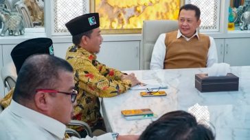 Pengurus KAHMI bertemu Ketua MPR, Bambang Soesatyo, di Jakarta, Selasa (5/9/2023), terkait rencana pelaksanaan berbagai kegiatan dalam rangka menyemarakkan HUT ke-57 KAHMI. Dokumentasi KAHMI