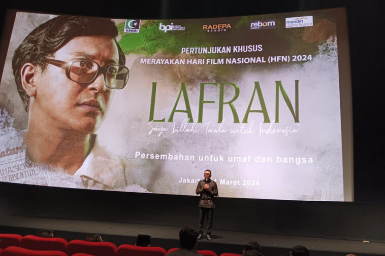 Koordinator Presidium MN KAHMI, Ahmad Doli Kurnia, memberikan sambutan dalam nobar film Lafran di Jakarta, Minggu (31/3/2024). KAHMINasional.com