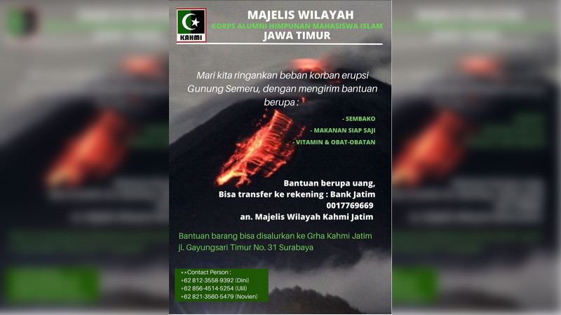 Poster KAHMI Jatim membuka kanal donasi bagi korban awan panas guguran Gunung Semeru di Lumajang, Jatim. Istimewa
